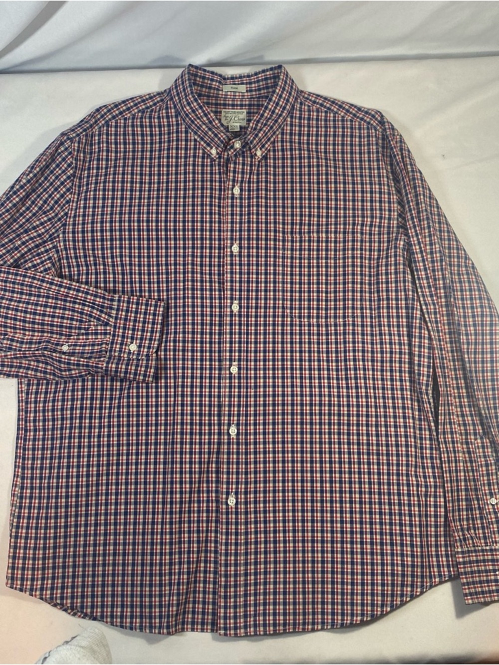 J CREW Mens Long Sleeve Red Blue Plaid Button Down Shirt Slim • 2XL •Fast Ship